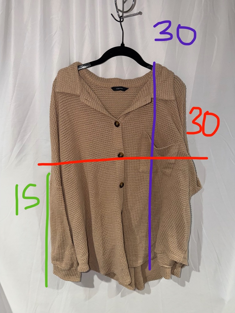 Dokotoo Shirt Cozy Beige Waffle Knit Button Up Long Sleeve Top V-Neck 2XL - Picture 2 of 5